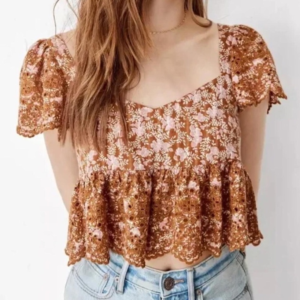 American Eagle Women XS Brown Floral Boho Ruffle Sleeve Eyelet Babydoll Crop Top